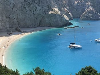 High angle view of sailboats in sea