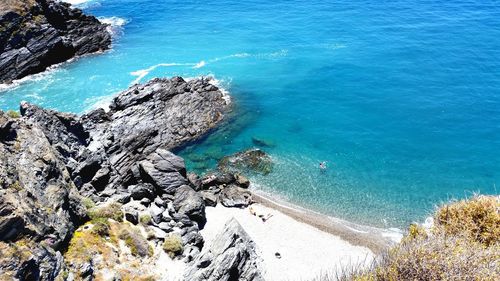 High angle view of sea against blue sky