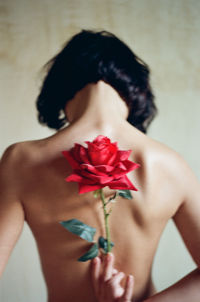 Midsection of woman holding red rose