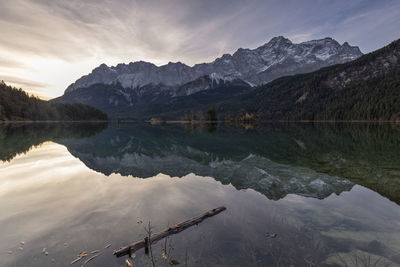 Scenic view of lake by mountains against sky