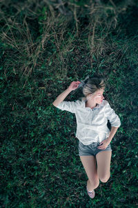 High angle view of woman on field