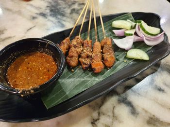 High angle view of food in plate on table