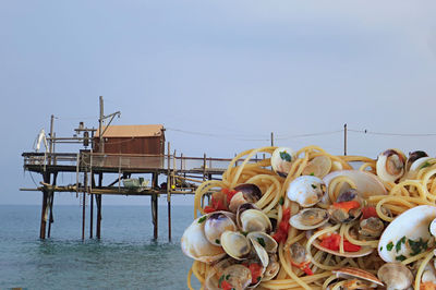 Trebuchet hut on the sea with fish dish close-up