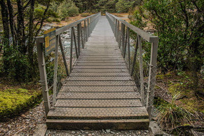 Empty footbridge along trees in forest