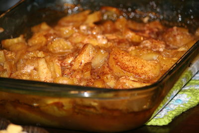 Close-up of meat in cooking pan