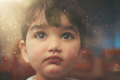 Close-up of cute boy looking at rain