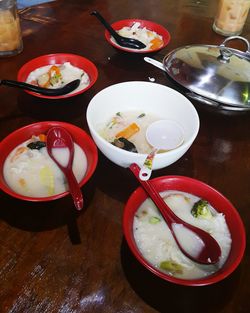 High angle view of soup served on table