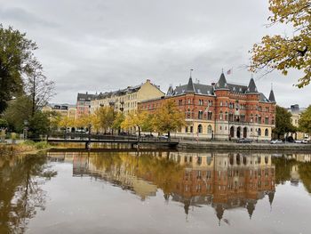 Reflection of buildings in lake against sky