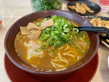 High angle view of soup in bowl on table