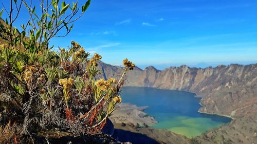 Segara anak lake view of mountains against blue sky