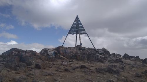 Low angle view of rock formation amidst buildings against sky