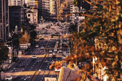 High angle view of street amidst buildings in city