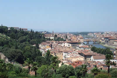 High angle view of buildings in city against clear sky