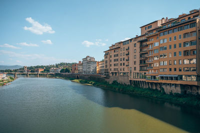 Buildings by river against sky in city