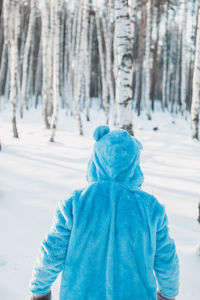 Rear view of man wearing costume standing against trees on snowy field in winter