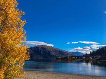 Scenic view of lake against blue sky during autumn