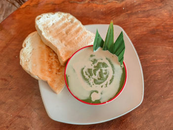 High angle view of breakfast served on table