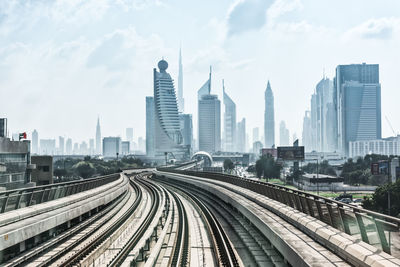 Panoramic view of railroad tracks amidst buildings in city against sky