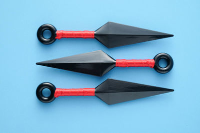 High angle view of blue toy on table against white background