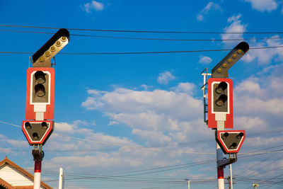 Low angle view of telephone pole against sky