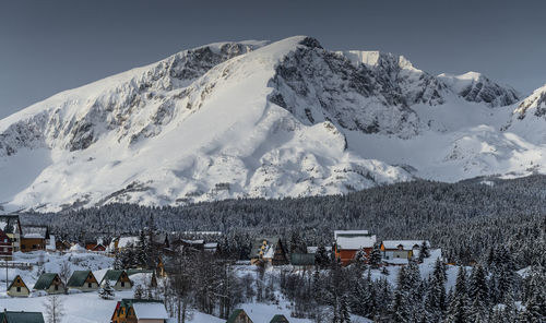 Scenic view of snow covered mountains