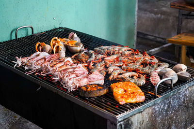 Street food on phu quoc island in vietnam. delicious seafood for tourist at market at night.