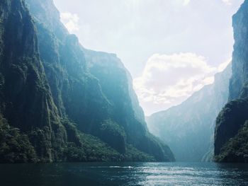 Scenic view of mountains and lake against sky