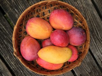 High angle view of fruits in basket on table