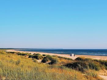 Scenic view of sea against clear blue sky