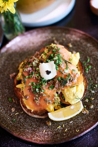 Close-up of breakfast served in plate