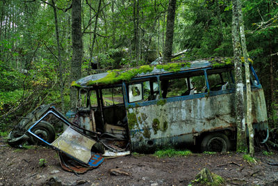 Abandoned bus in forest