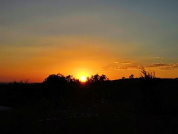 Silhouette trees on landscape against sky during sunset