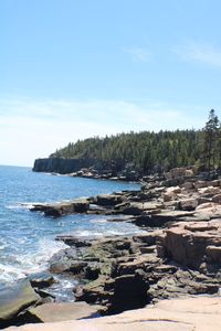 Scenic view of rocks on beach against sky