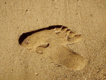 High angle view of footprints on sand at beach