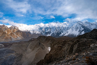 Scenic view of snowcapped mountains against sky