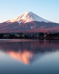 Reflection of snowcapped mountain in lake