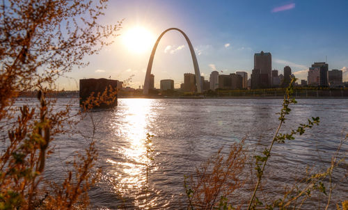 Scenic view of river against sky at sunset