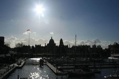 Boats in river with buildings in background