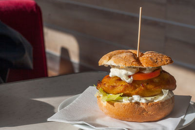 Close-up of burger on table