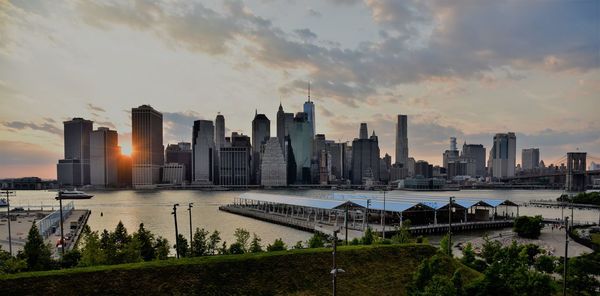 City at waterfront during sunset