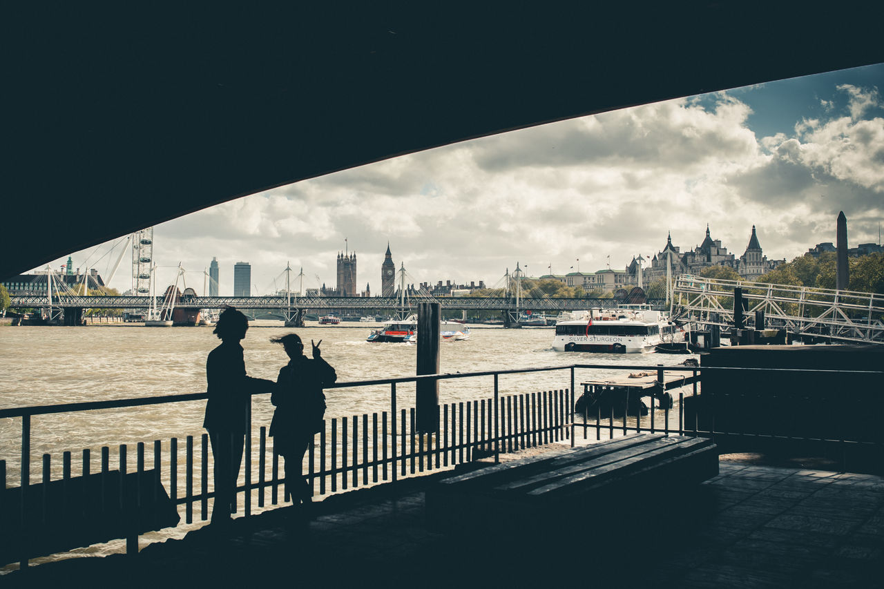 architecture, built structure, men, railing, sky, lifestyles, city, person, leisure activity, bridge - man made structure, river, building exterior, water, silhouette, cloud - sky, connection, standing, city life, cityscape