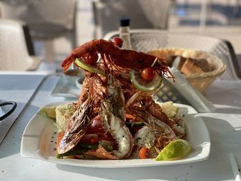 Close-up of mix seafood in plate on table