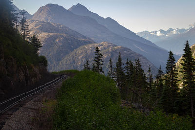 Panoramic view of road amidst trees and mountains against sky