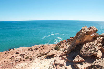 Scenic view of sea against clear blue sky
