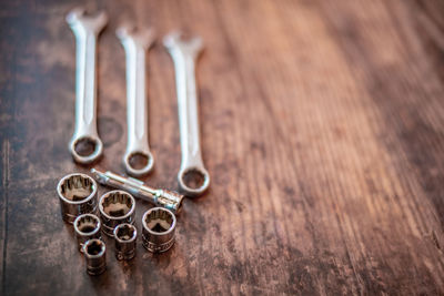 High angle view of equipment on table