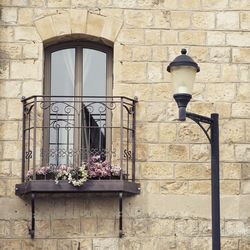 Potted plants in balcony by street lamp against wall