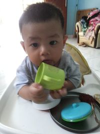 Portrait of cute boy holding baby at home