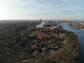 High angle view of buildings against sky