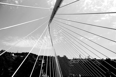 Low angle view of bridge cables against sky