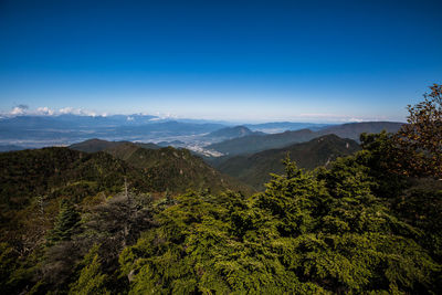 Scenic view of mountains against blue sky